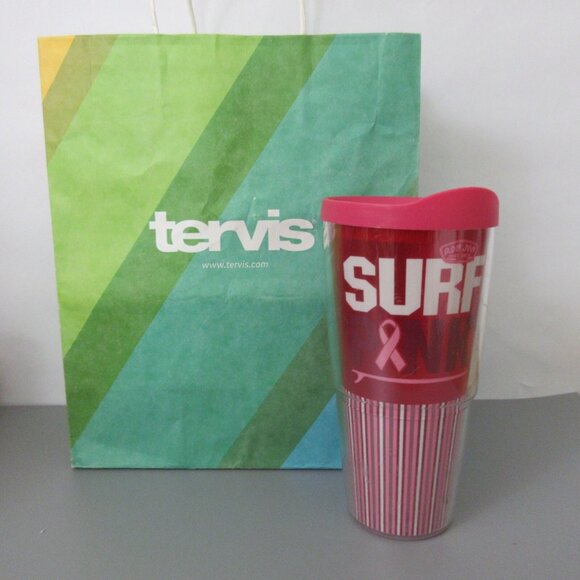 Tervis 24 oz. Tumbler Ron Jon SURF PINK Logo Ribbon Wrap with Pink Travel Lid - Picture 1 of 6